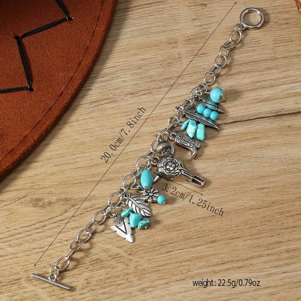 Western Bracelet Silver and Turquoise Charm Bracelet Cowboy Style Cowgirl - Picture 6 of 6